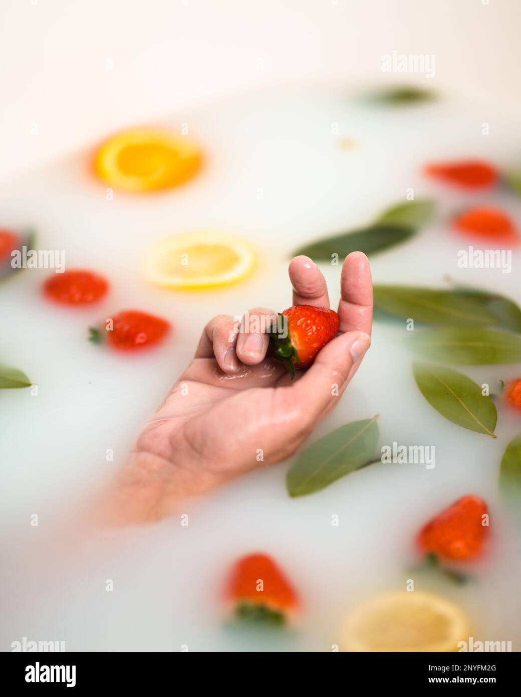 From above of crop anonymous female hand showing fresh strawberry while ...