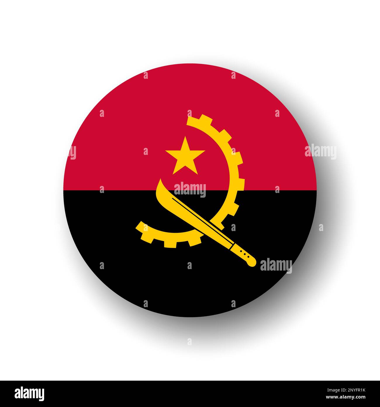 Angola flag - flat vector circle icon or badge with dropped shadow. Stock Vector