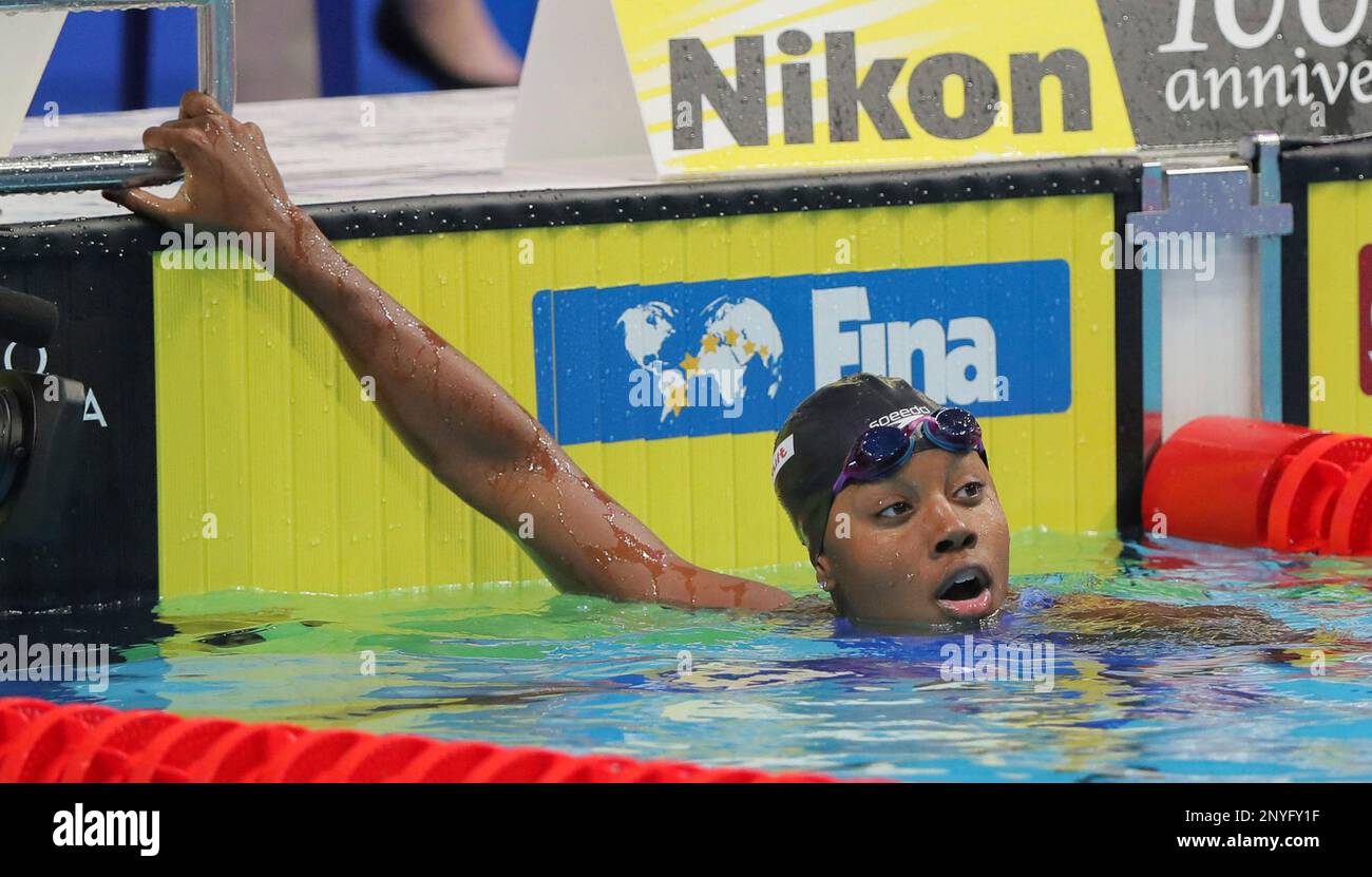 U.S. Simone Manuel reacts after winning of the women's 100m freestyle ...