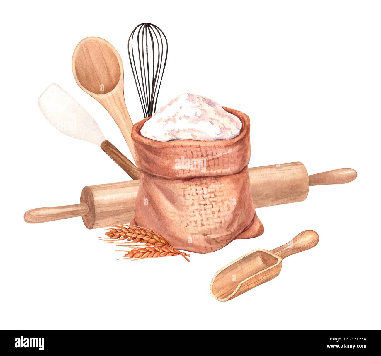 Watercolor composition wheat flour and kitchen tool spatula, roller