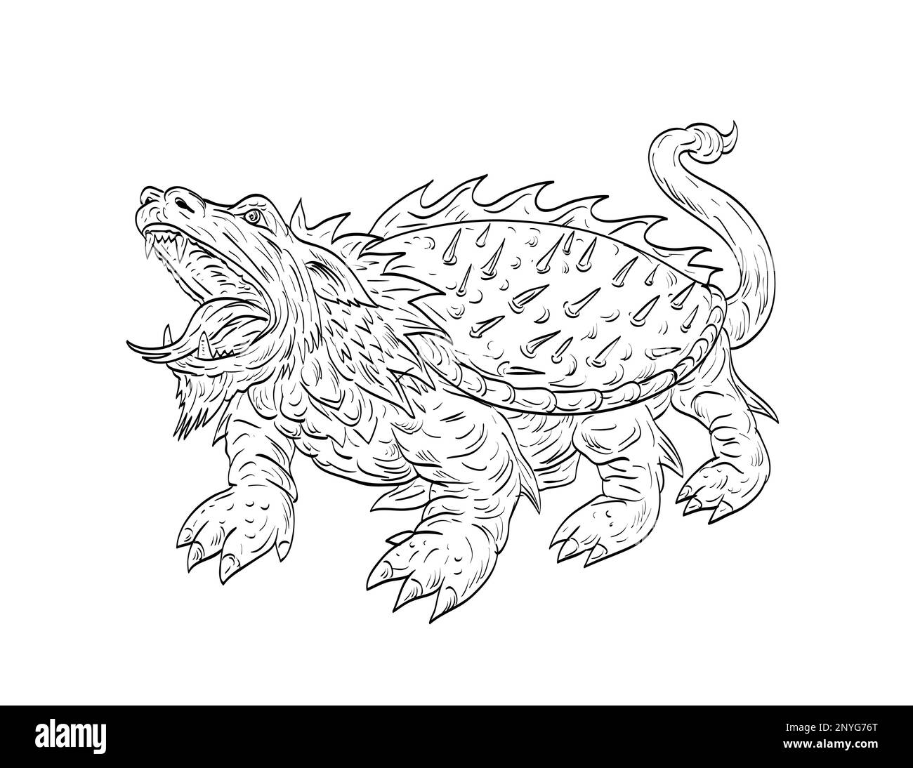 Line art drawing illustration of Tarasque, a fearsome legendary dragon-like mythological hybrid France in medieval style on isolated background. Stock Photo