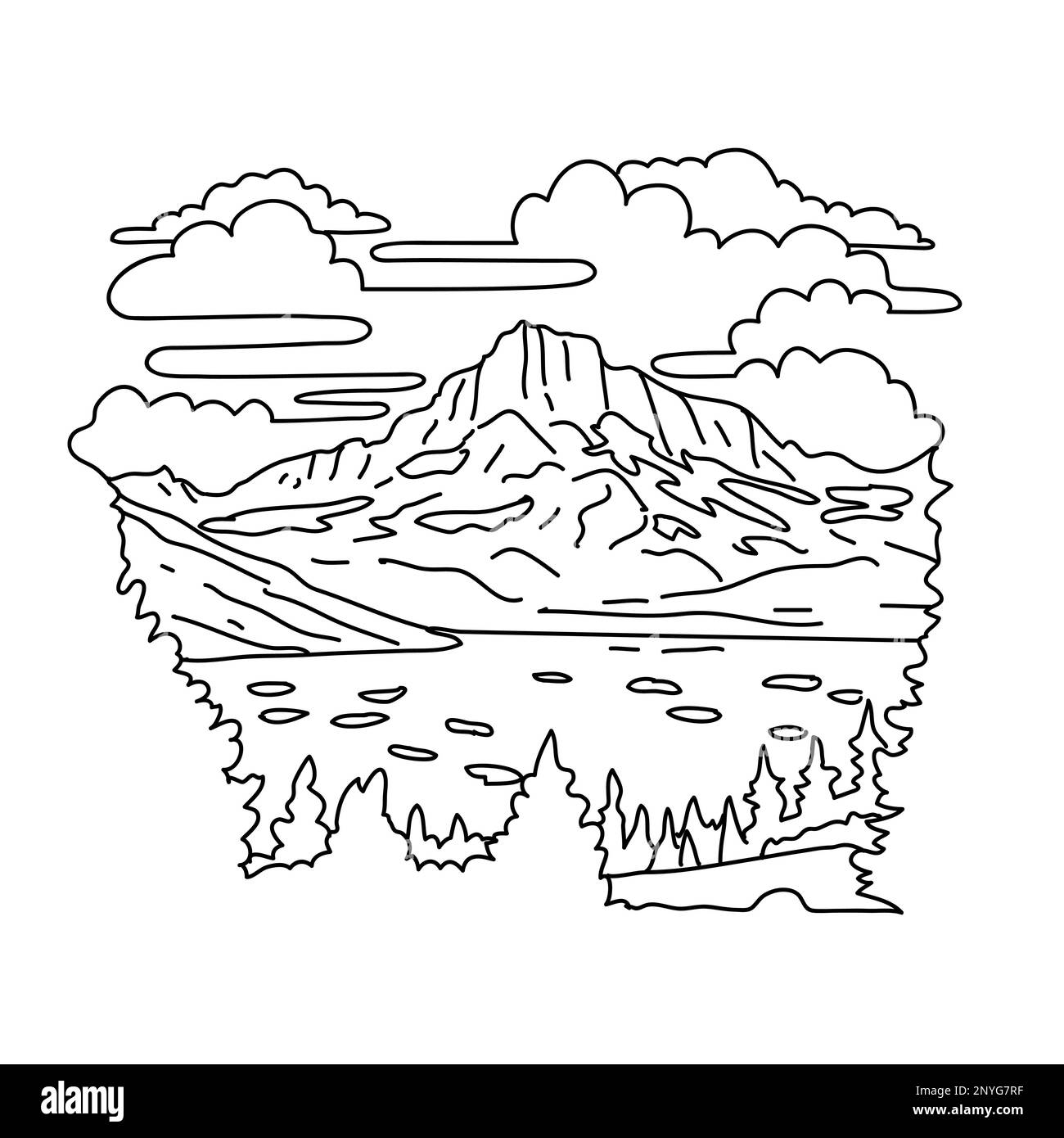 Mono line illustration of Thousand Island Lake in the Sierra Nevada within Ansel Adams Wilderness in Madera County monoline line drawing art style. Stock Photo