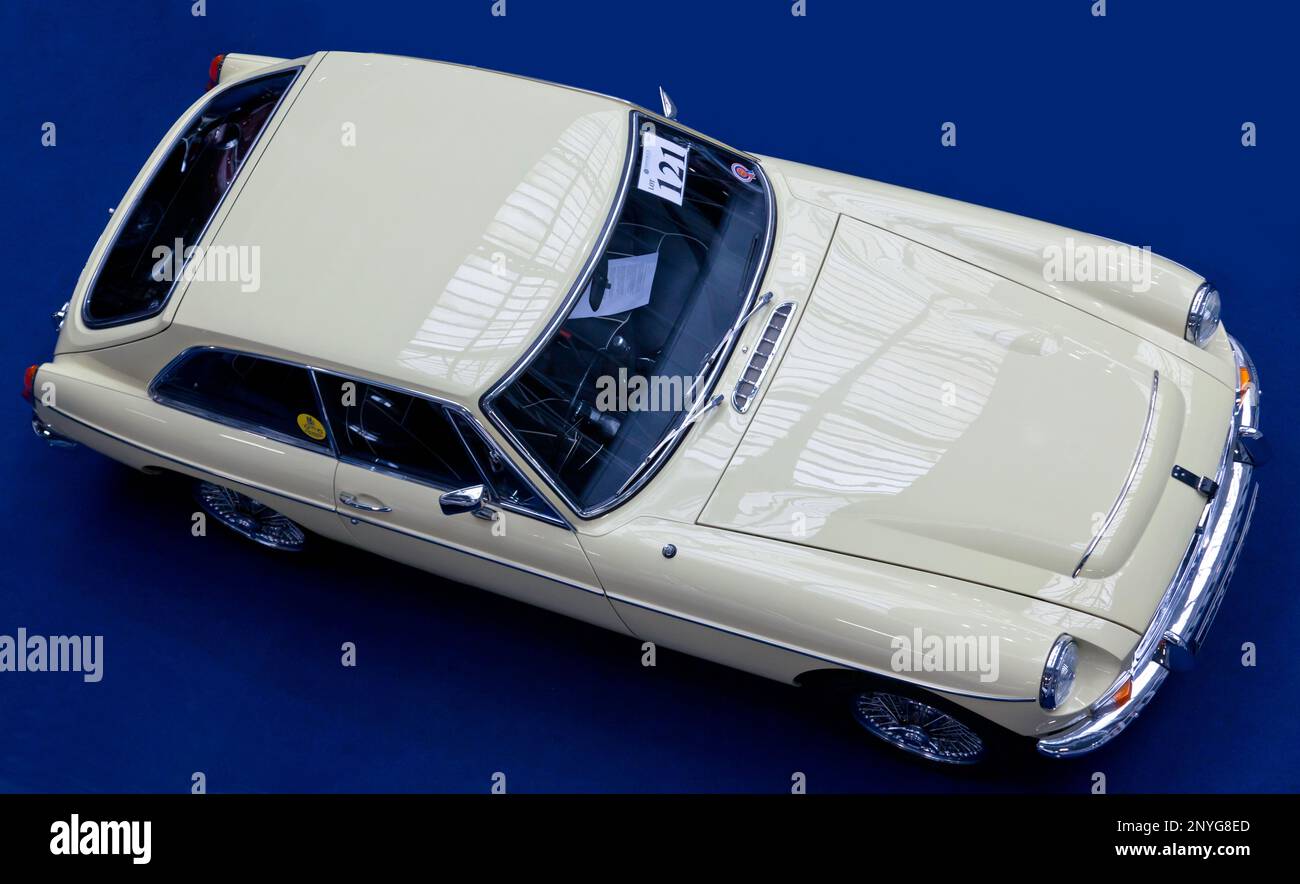 Aerial view of a 1968, MGC GT,  part of the 2023 London Classic Car Auction at Olympia, London Stock Photo