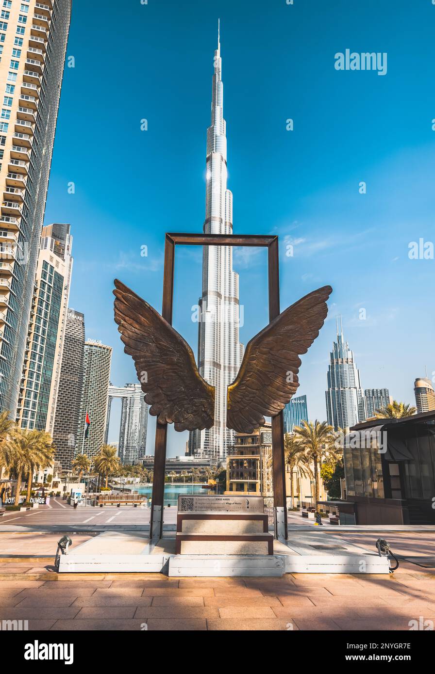 Burj Khalifa view from Wings of Mexico statue in Downtown Dubai, United