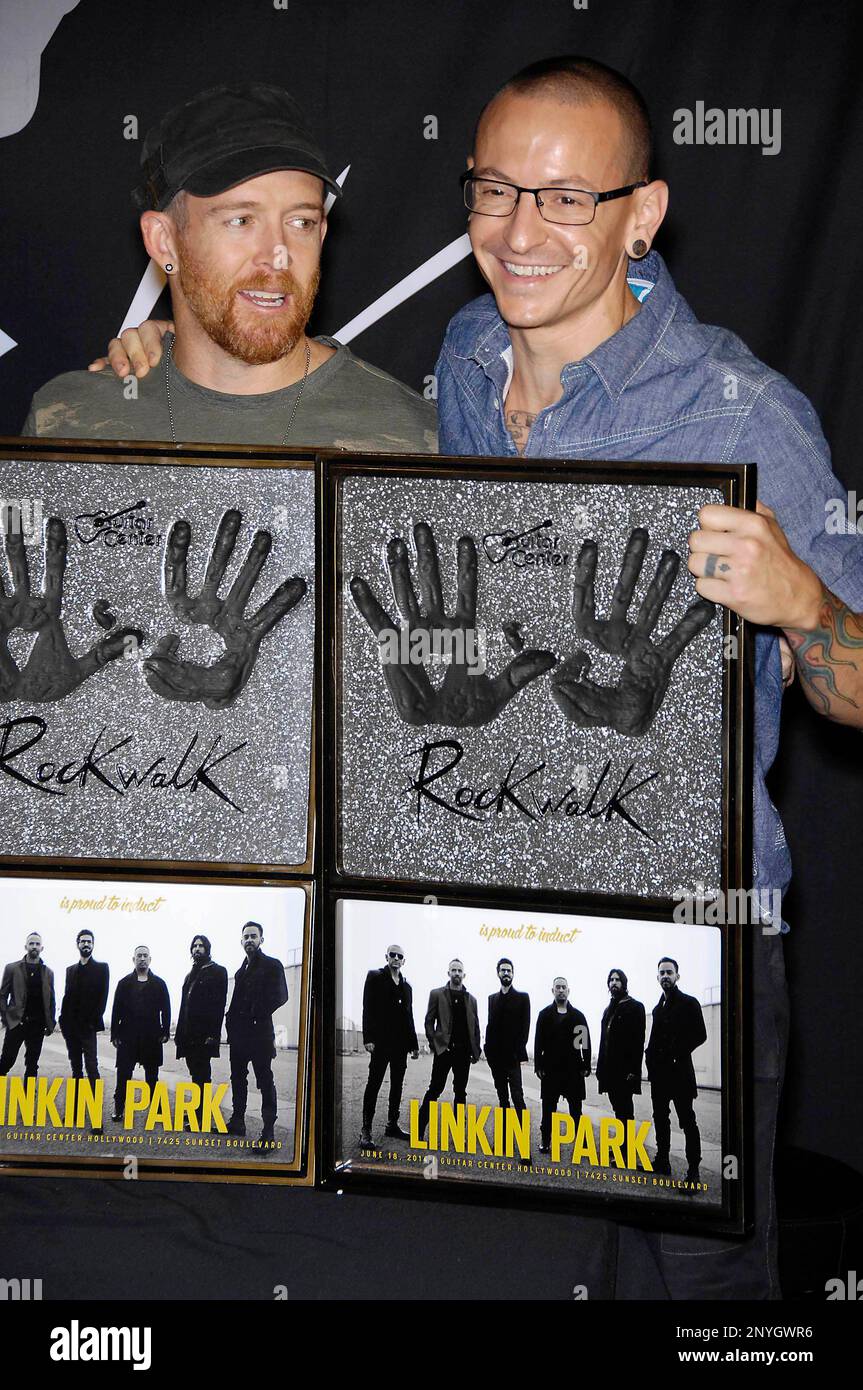 Chester Bennington - 1976-2017File Photo by: Michael Germana/STAR  MAX/IPx20146/18/14Dave Phoenix Farrell and Chester Bennington during the  Rockwalk's induction ceremony for LINKIN PARK, held at the Guitar Center  Hollywood, on June 18, 2014,