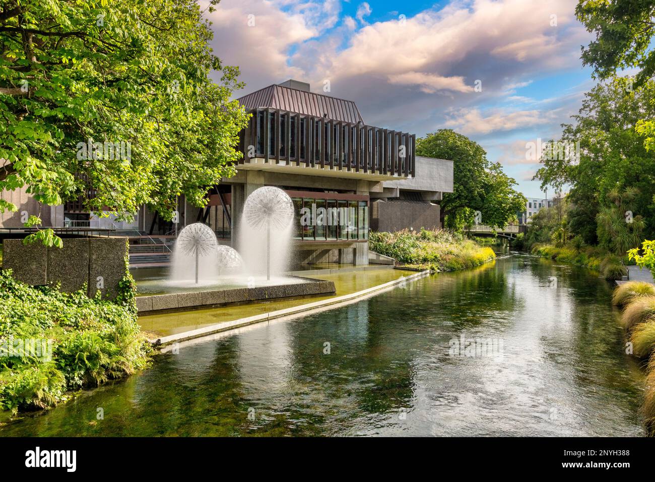 The Town Hall, the Ferrier Fountain and the Avon River, Christchurch, New Zealand Stock Photo