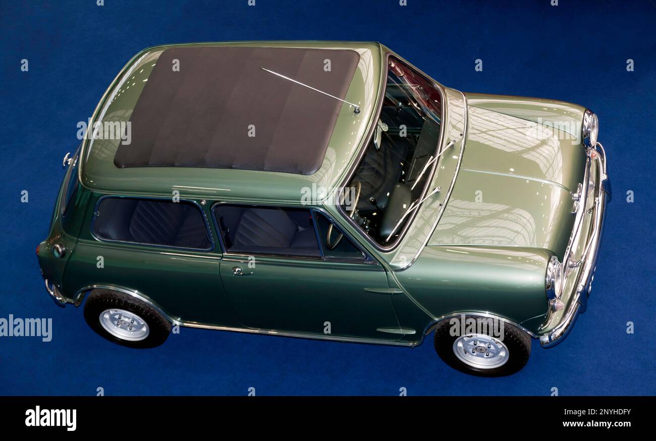 Aerial view of Paul McCartney's  Radford Mini Cooper S De Ville, part of a special display of Beatles' Minis, at the 2023  London Classic Car Show Stock Photo
