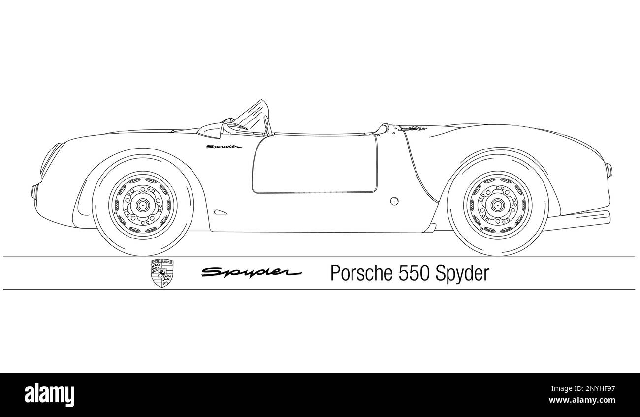 Germany, year 1953, Porsche 550 Spyder, vintage car outlined silhouette, illustration Stock Photo
