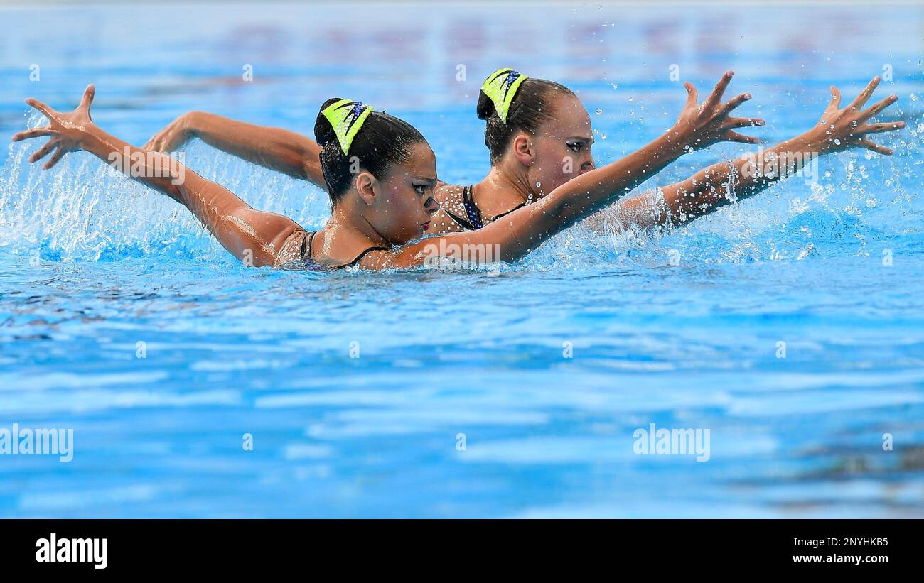 Eden Blecher and Yael Polka of Israel perform in womens synchronized swimming duet preliminary technical routine competition of FINA Swimming World Championships 2017 in the City Park, in Budapest, Hungary, Friday, July