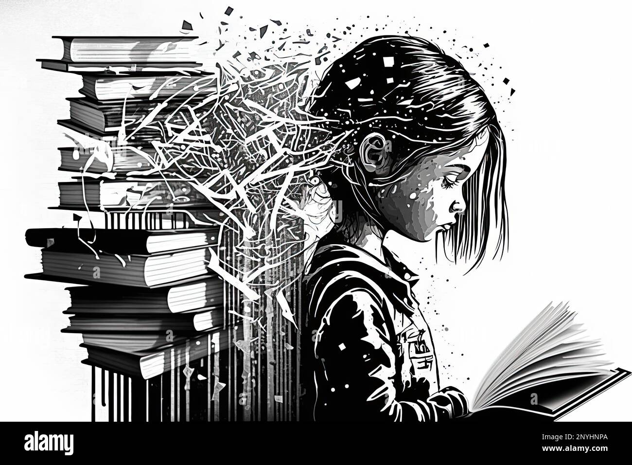 abstract drawing of a girl reading a book and a stack of books flying out of her head and dripping down behind her Stock Photo