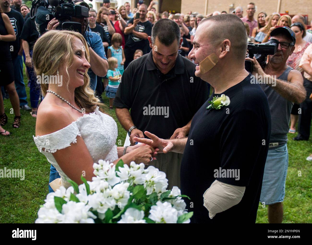 Leechburg Police Chief Mike Diebold laughs with his wife Danielle