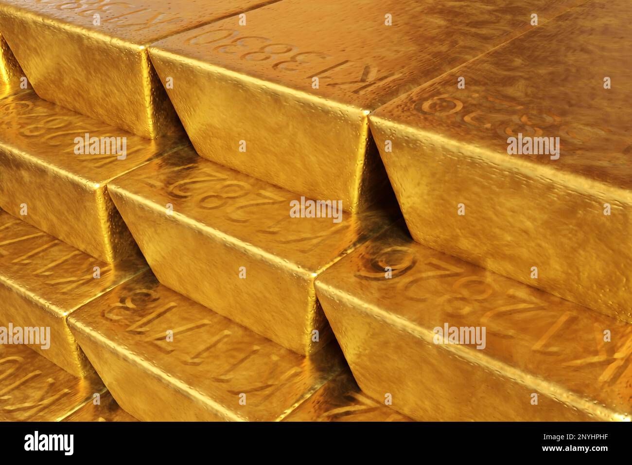 Stacks of gold bars imprinted with unique serial numbers. Illustration of the concept of wealth and gold reserves by central banks Stock Photo