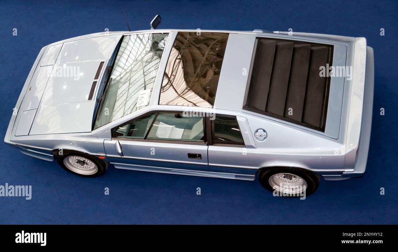 Aerial view of a 1987, Lotus Turbo Esprit HC, part of the 2023 London Classic Car Auction  at Olympia, London Stock Photo