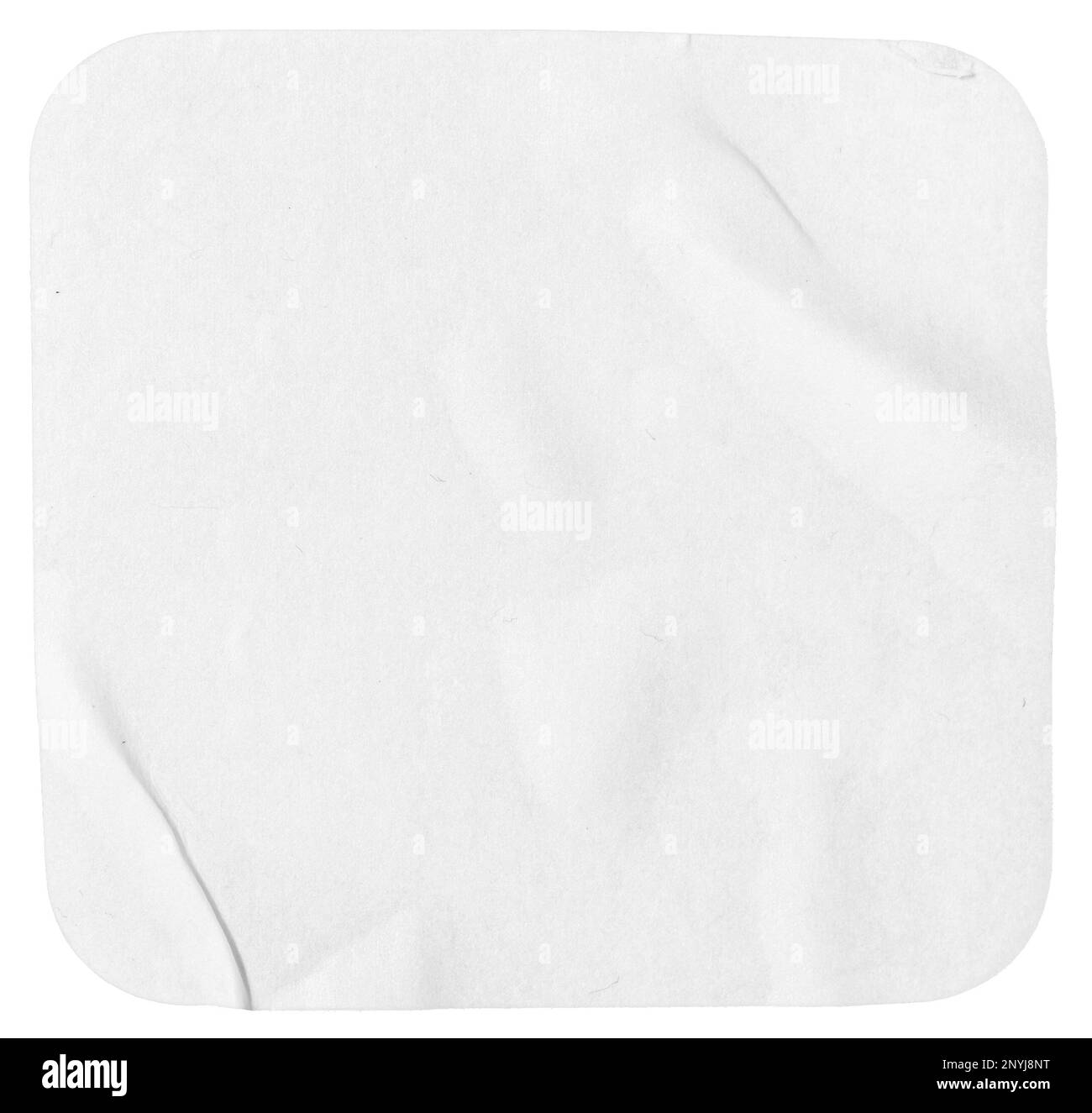 Blank white square shape card isolated on white background. Crumpled paper piece. Template mockup Stock Photo