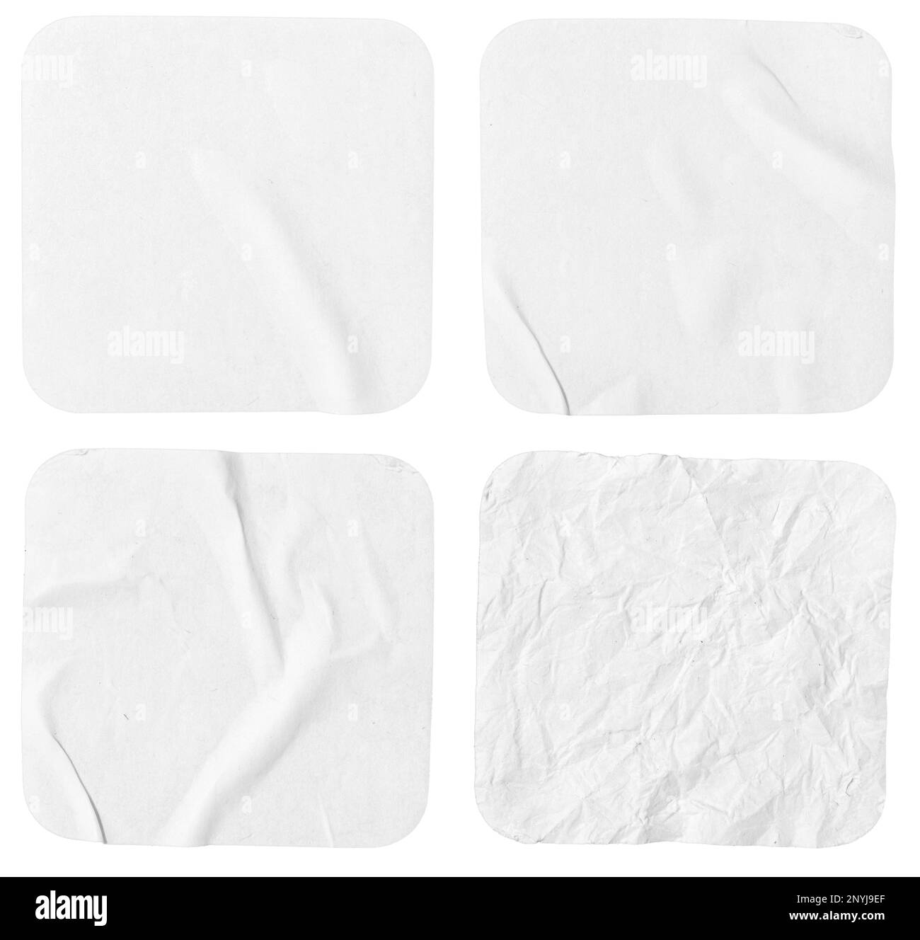 Set of blank white square shape cards. Crumpled paper pieces isolated on white background. Template mockup Stock Photo