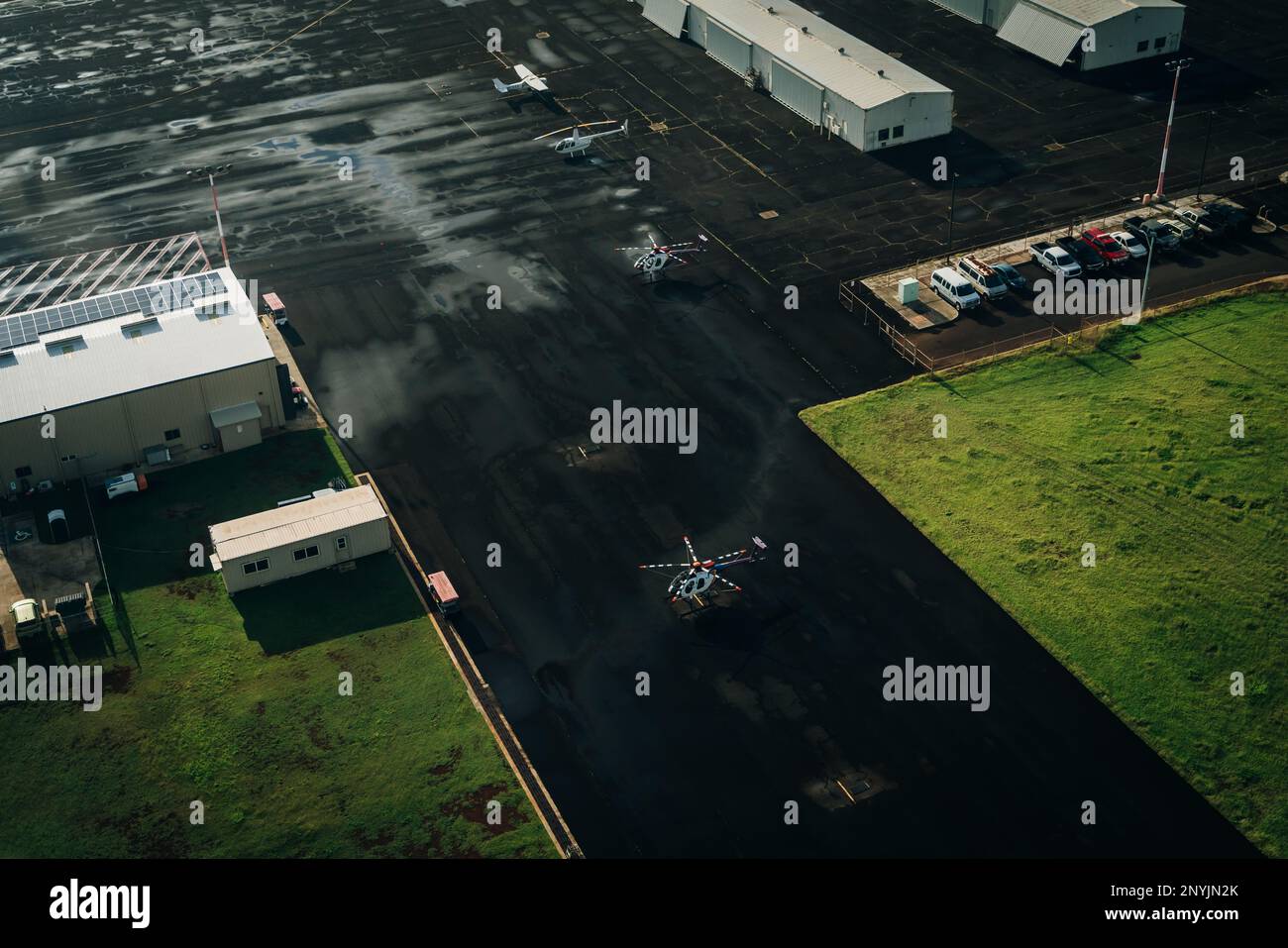 Aerial view of the runway and plane hangars of Lihue airport on Kauai