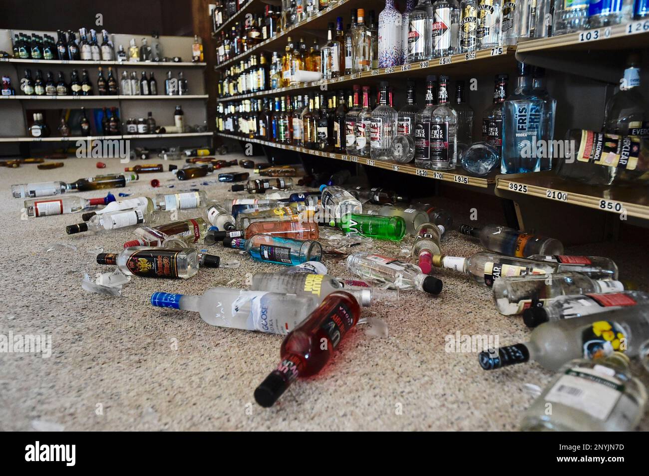 Liquor bottles that rattled off the shelves after an earthquake sit on the floor at a liquor store Thursday, July 6, 2017, in Lincoln, Mont. The strongest earthquake to hit Montana in Liquor bottles that rattled off the shelves after an earthquake sit on the floor at a liquor store Thursday, July 6, 2017, in Lincoln, Mont. The strongest earthquake to hit Montana in