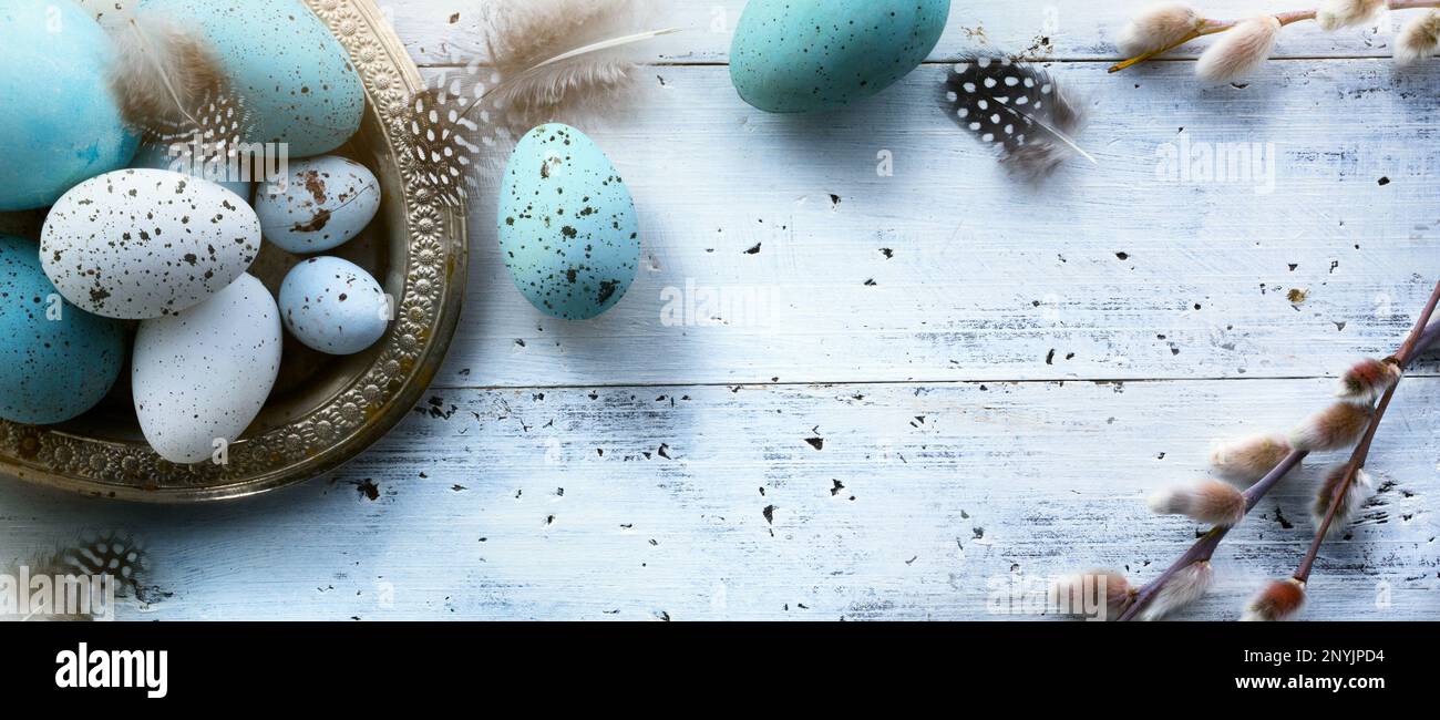 Easter background with Easter eggs on white table Stock Photo