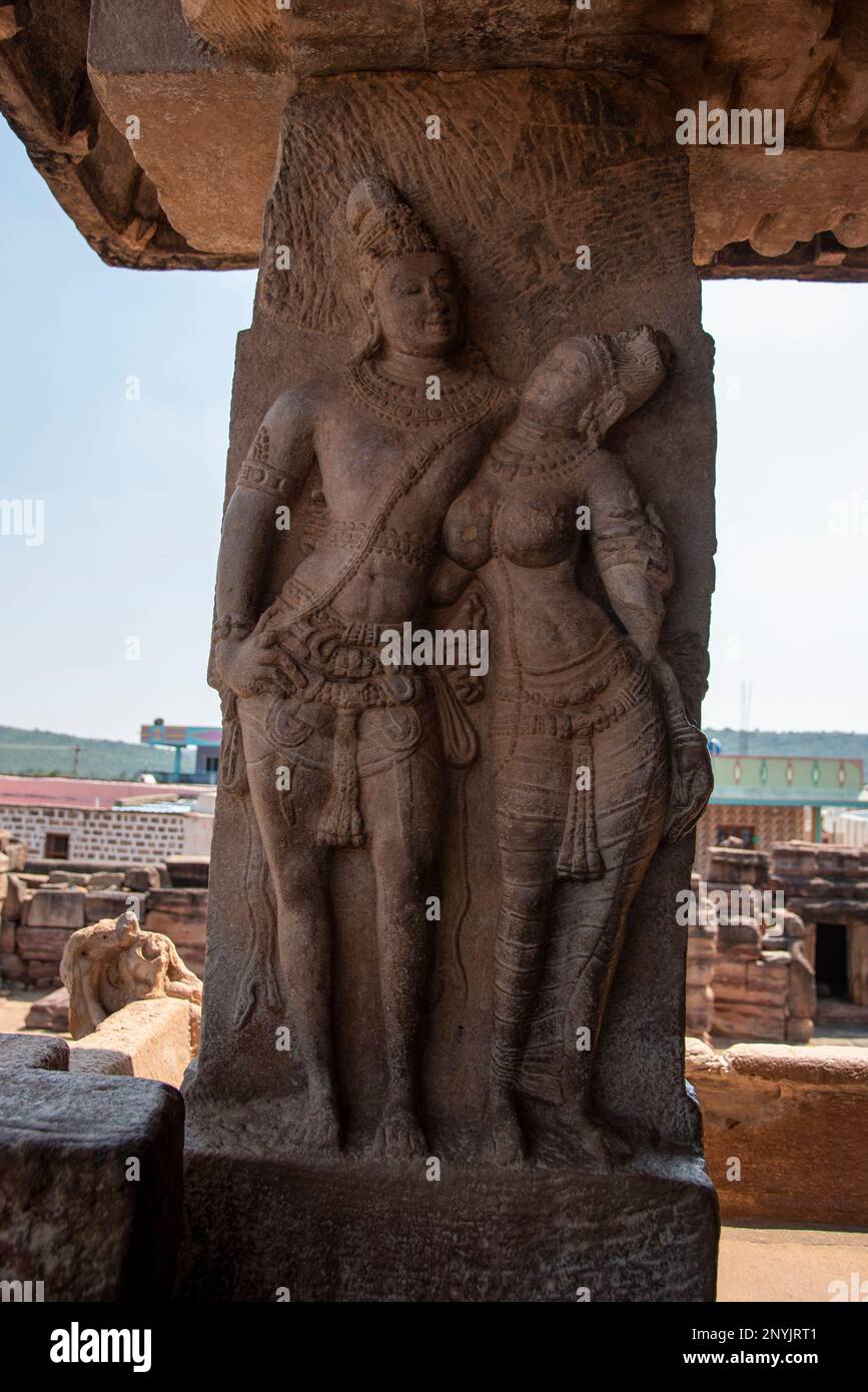 Carved sculptures in the temples of Pattadakal which were built during the rule of Chalukya dynasty Stock Photo