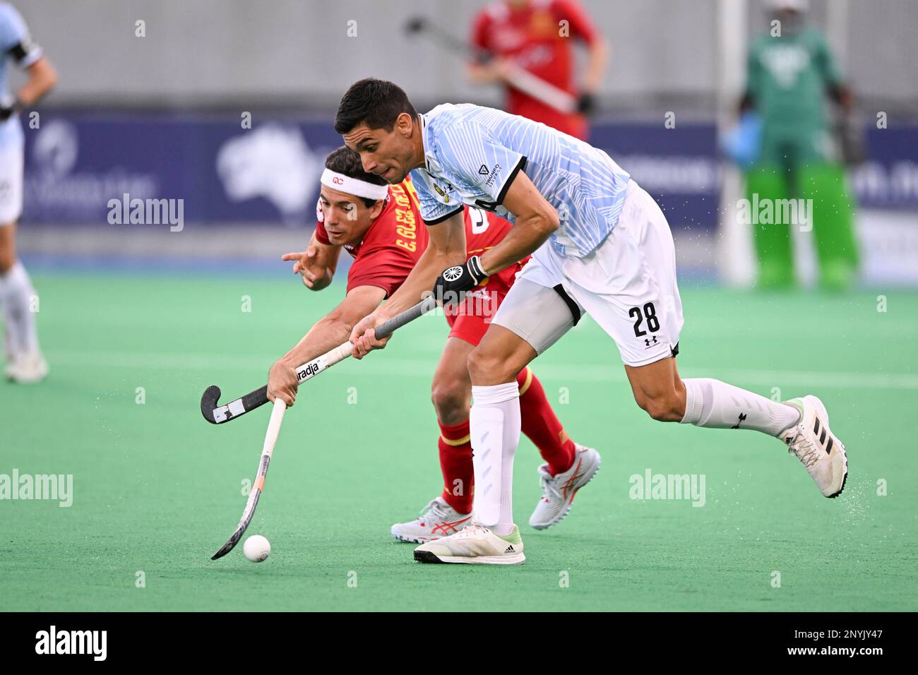 Hobart, Australia. 02nd Mar, 2023. Enrique González (L) of USA Men's National field hockey team and Federico Fernandez (R) of Argentina Men's National field hockey team in action during the 2022/23 International Hockey Federation (FIH) Men's Pro-League match between Argentina and Spain held at the Tasmanian Hockey Centre in Hobart. Final score Spain 4:3 Argentina. Credit: SOPA Images Limited/Alamy Live News Stock Photo