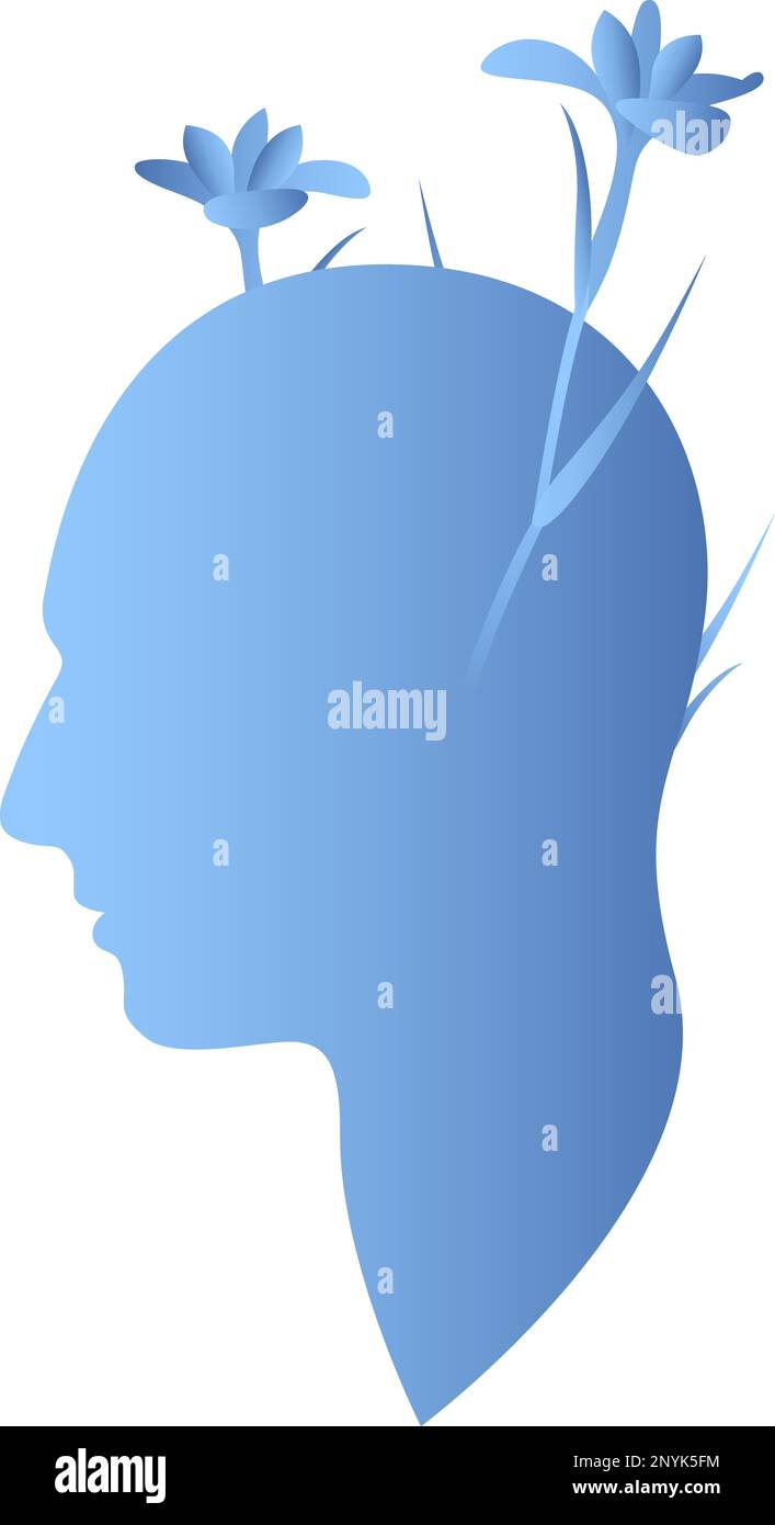Head with flowers. Mental health concept. Plants, flower and leaves as