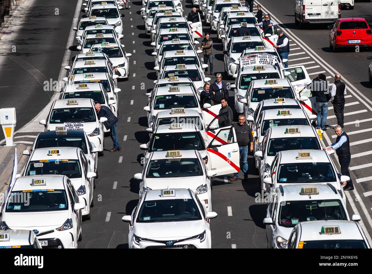 Madrid, Spain. 02nd Mar, 2023. Thousands of taxi drivers demonstrate with their vehicles driving through downtown Madrid blocking traffic demanding regulations in their sector. Credit: Marcos del Mazo/Alamy Live News Stock Photo
