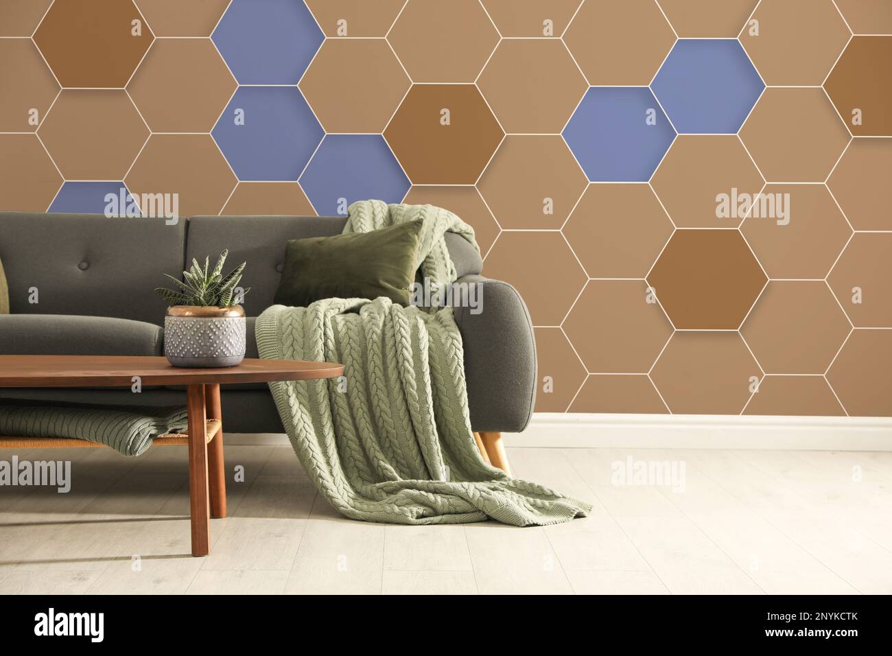 View of Textured wall with honeycomb pattern in stylish living room Stock Photo ...