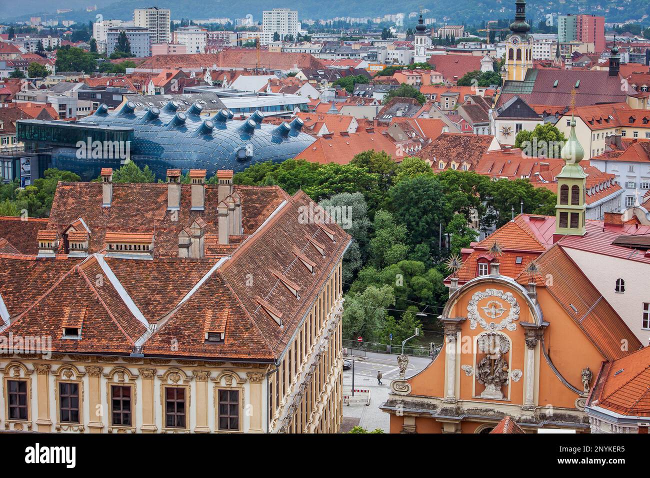 Roofs of the city and Kunsthaus, Graz Art Museum, view from Schlossberg ...