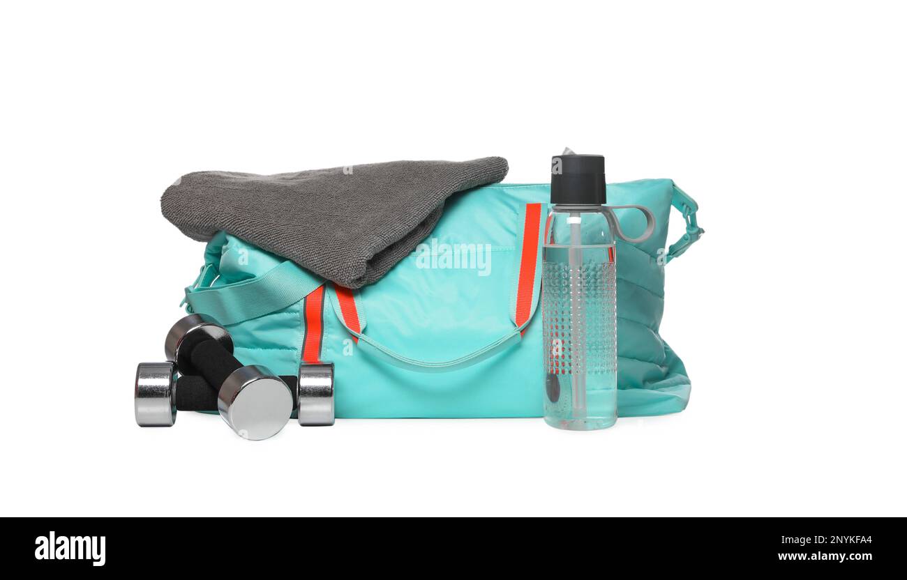 Bag with different sports equipment on white background Stock Photo - Alamy