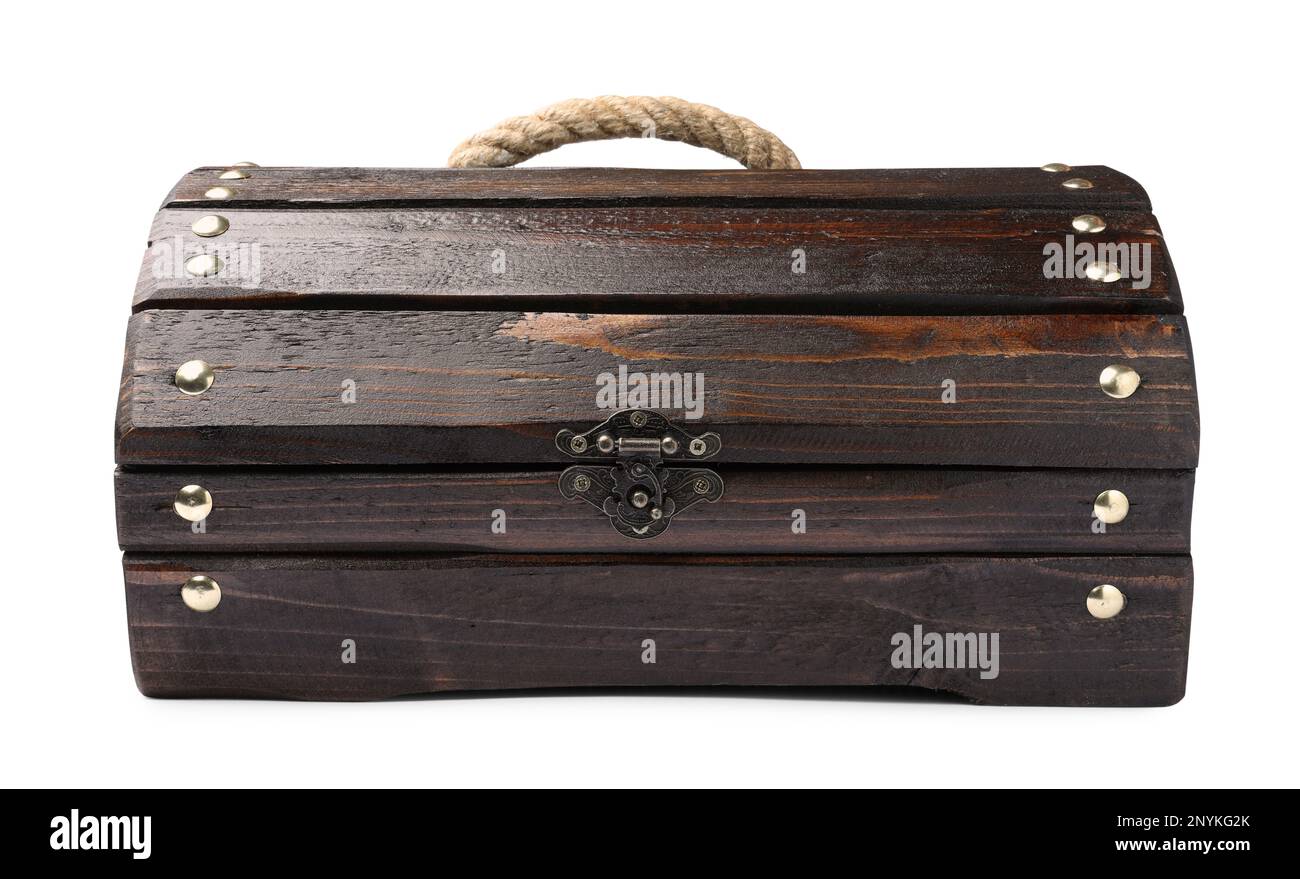 Closed old wooden treasure chest isolated on white Stock Photo - Alamy