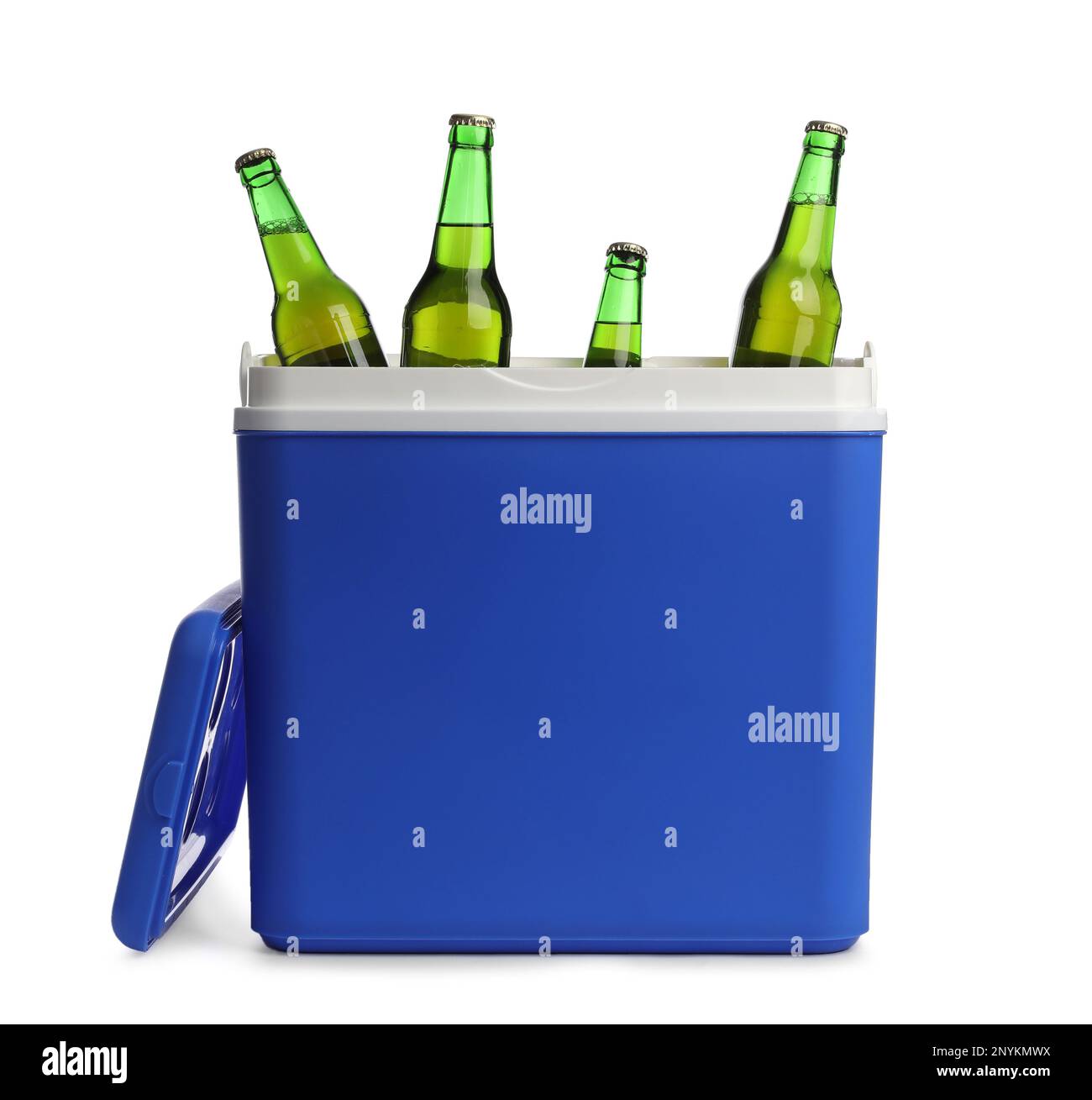Blue plastic cool box with bottles isolated on white Stock Photo Alamy