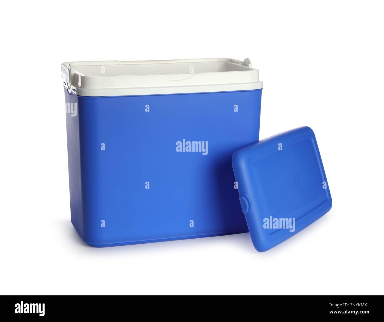 Open blue plastic cool box isolated on white Stock Photo Alamy