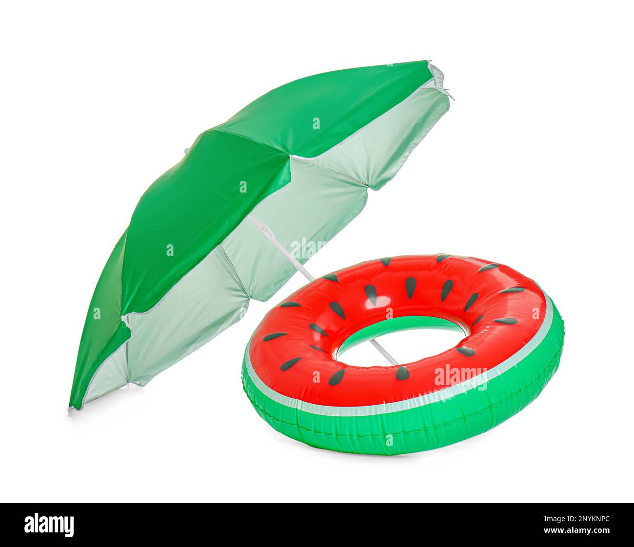 Open green beach umbrella with inflatable ring on white background Stock Photo