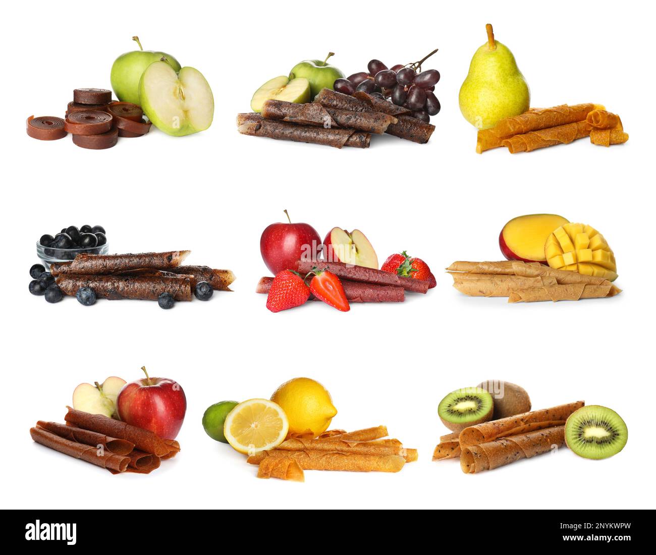 Set with delicious fruit leather rolls and ingredients on white