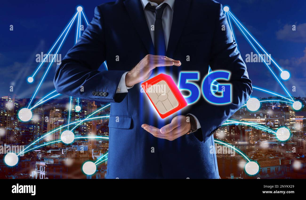 Man demonstrating 5G SIM card model and cityscape with connection lines on background, closeup Stock Photo