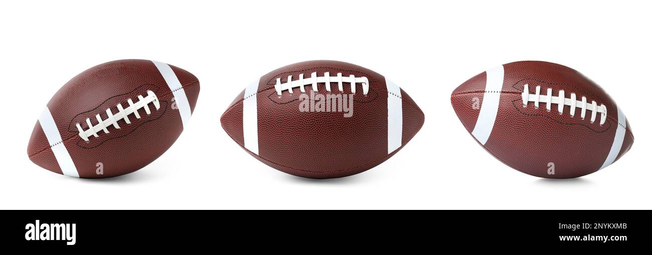 Set with leather American football balls on white background, banner