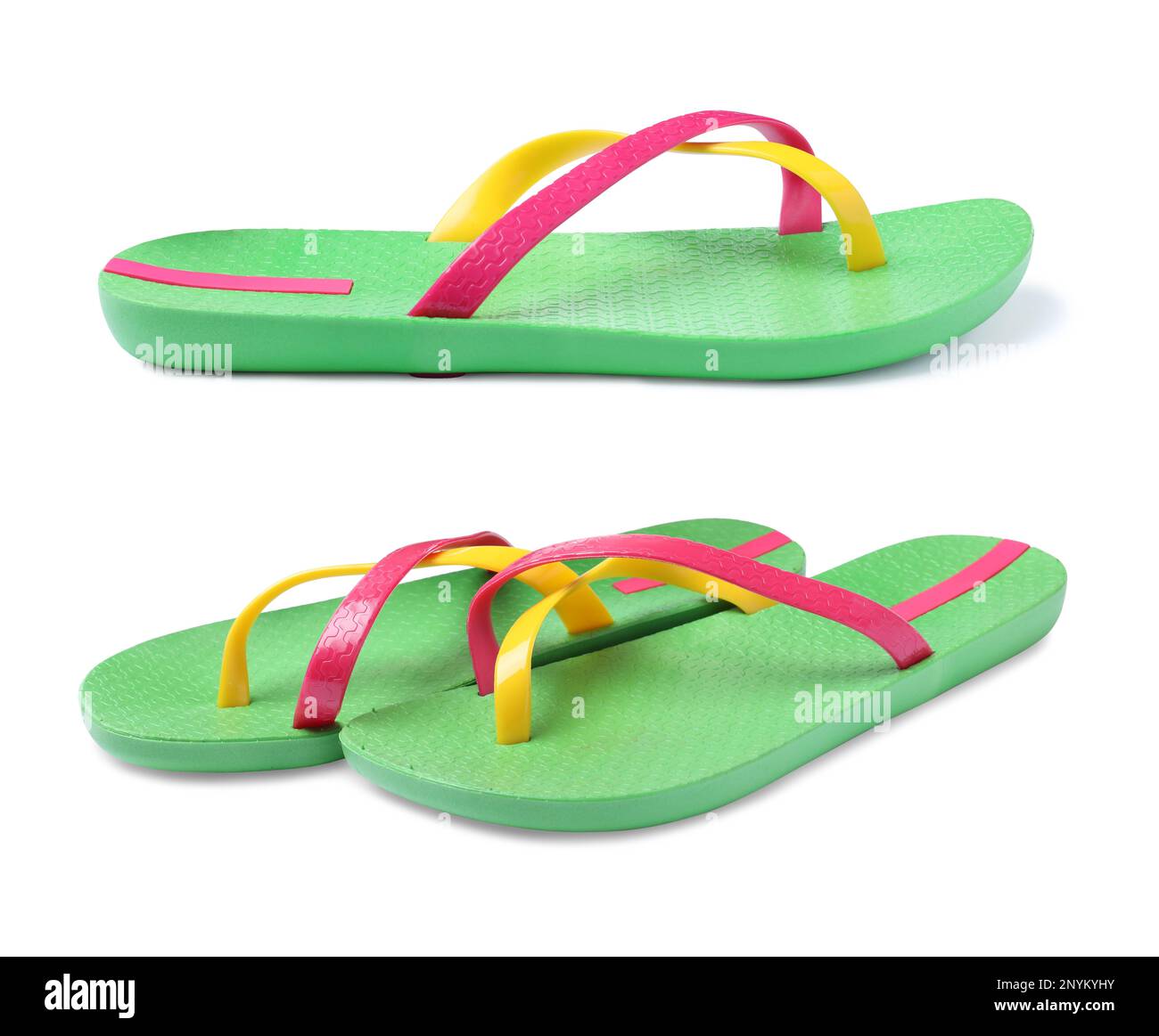 Pairs of green flip flops on white background, collage Stock Photo - Alamy