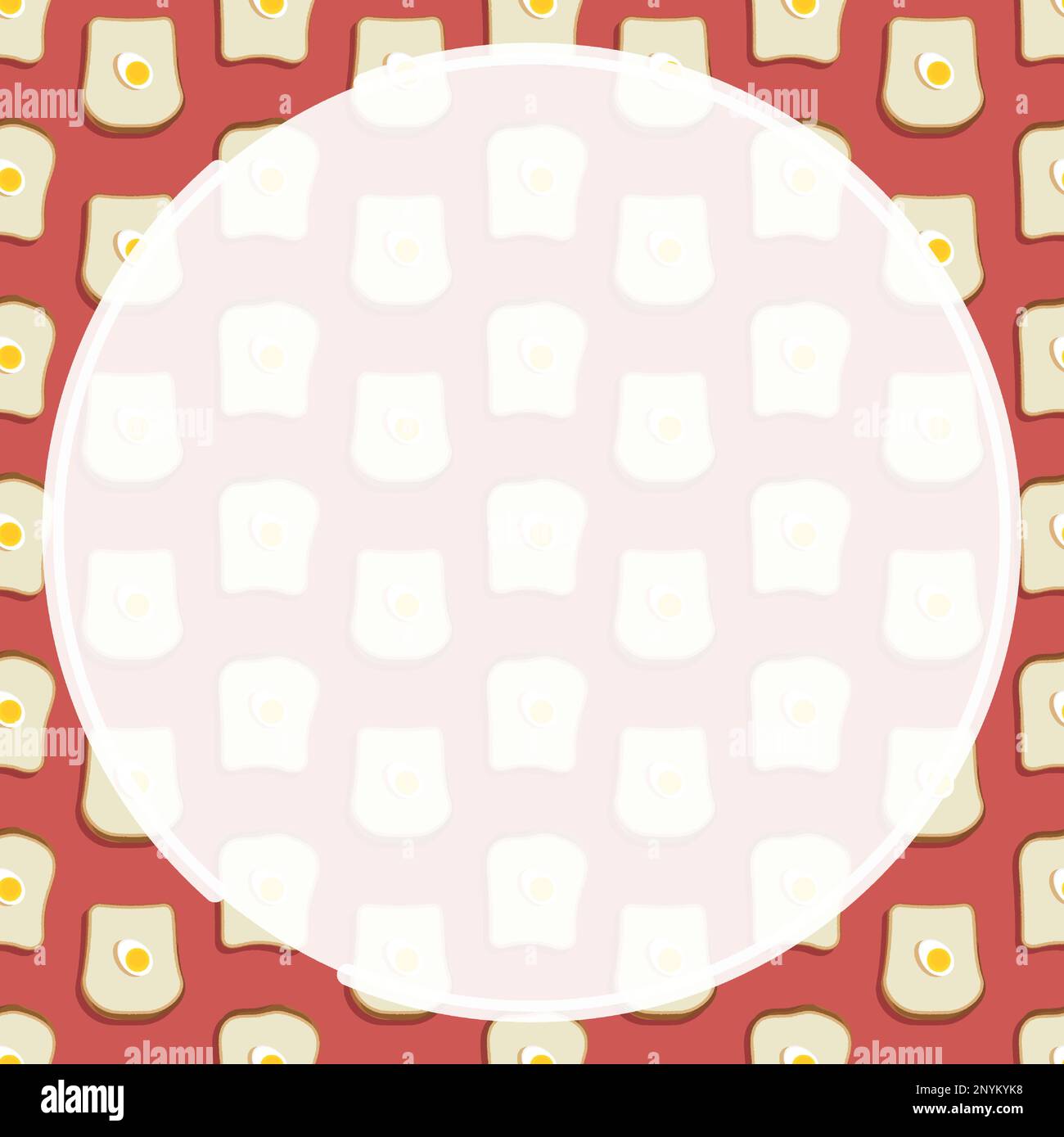 Round frame on background of geometric seamless pattern with piece of bread and boiled egg. Ornament for social network page decoration. Design elemen Stock Vector