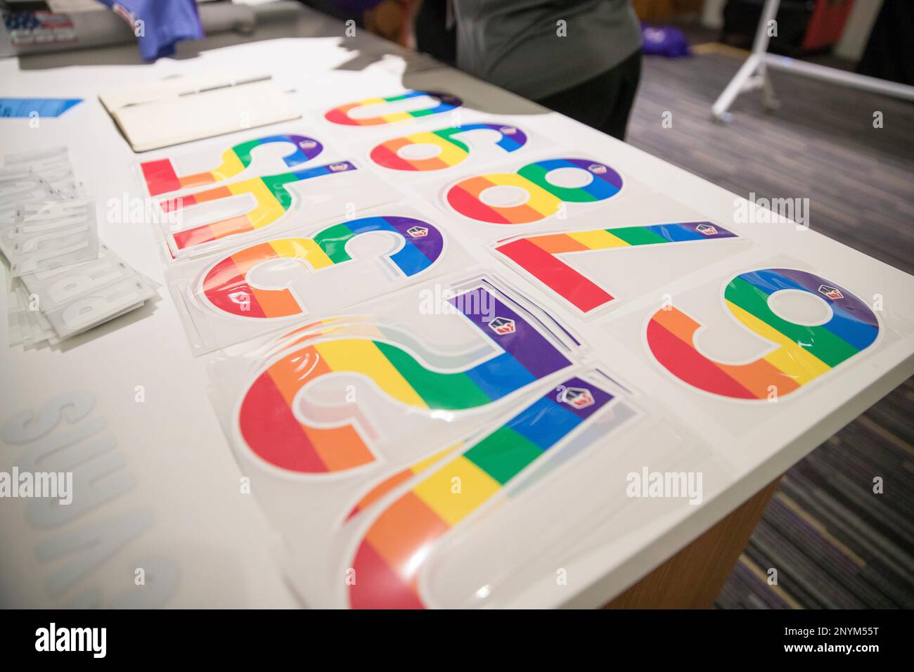 ORLANDO, FL - JUNE 24: Rainbow colored jersey numbers to be put on Pride  uniforms in support of equality and worn during the NWSL soccer match  between the Houston Dash and Orlando