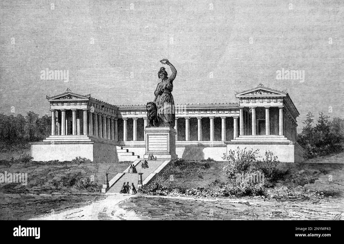 The Ruhmeshalle (1853), literally the Hall of Fame, a Doric Colonnade Monument and Statue of Bavaria, by Ludwig Schwanthaler, Munich, Germany. Vintage Engraving or Illustration 1862 Stock Photo