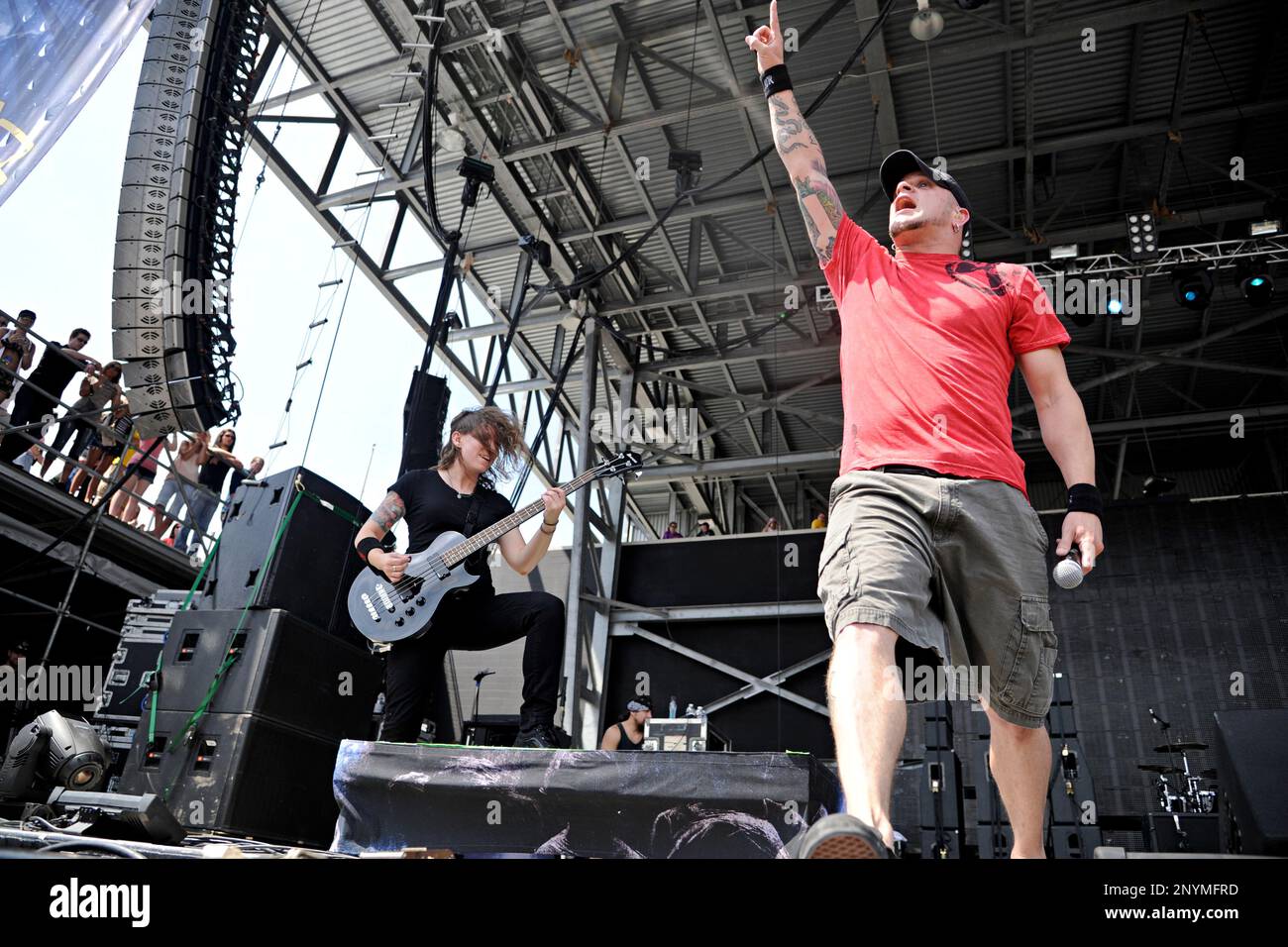 Jeanne Sagan and Philip Labonte of All That Remains perform during the Rock On The Range festival at Columbus Crew Stadium on May 22, 2011, in Columbus, Ohio. (Photo by Amy Harris/Invision/AP) Stock Photo