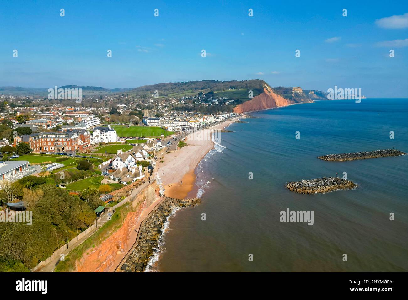 Sidmouth, Devon, UK. 2nd March 2023. UK Weather. View from the air of
