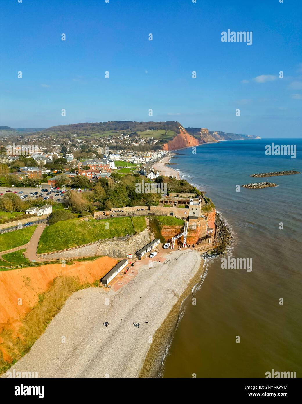 Sidmouth, Devon, UK. 2nd March 2023. UK Weather. View from the air of