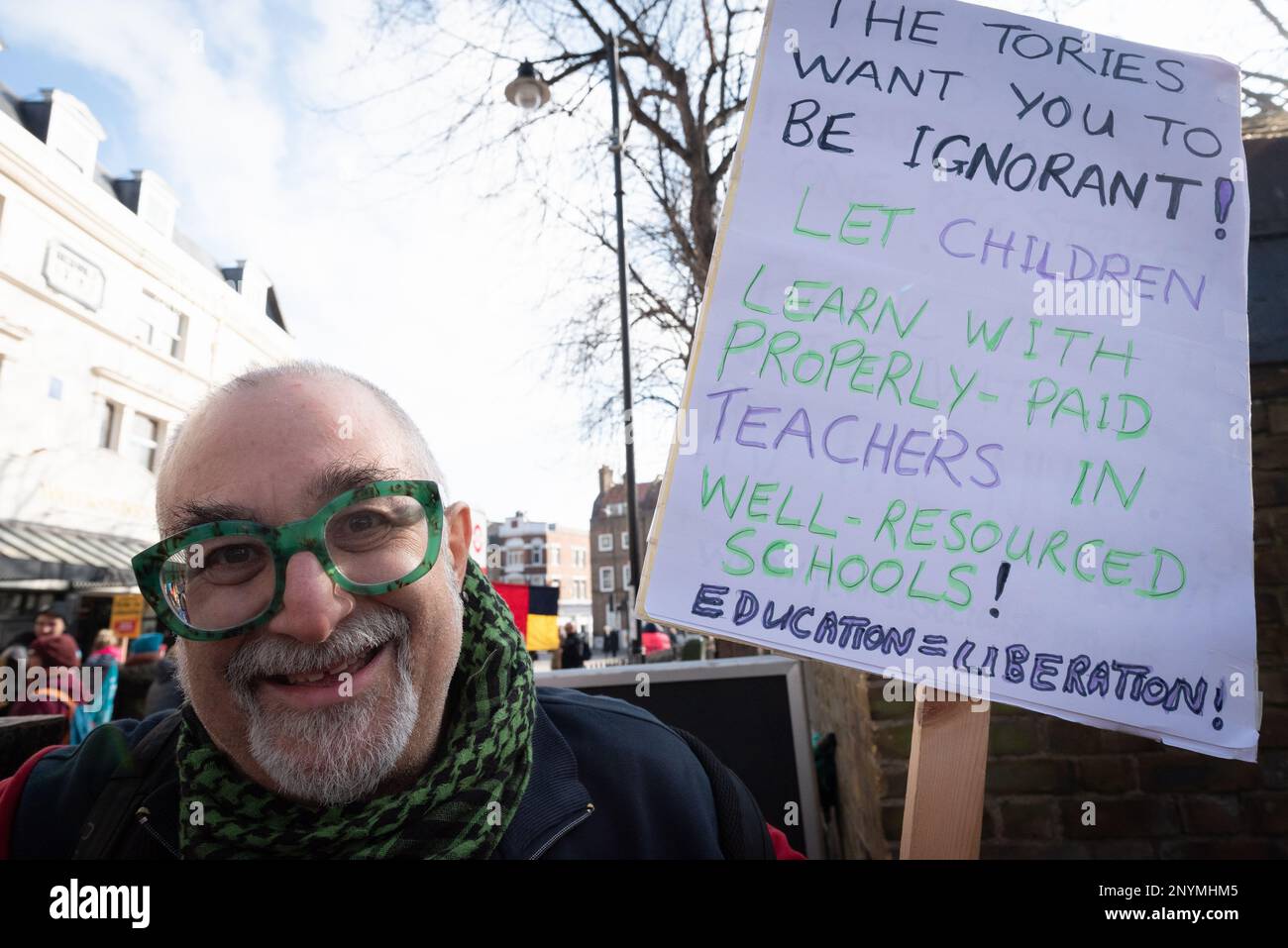 London, UK. 02 March, 2023. Historian David Rosenberg joins striking teachers marching to Islington Town Hall as NEU London members join other teacher Stock Photo