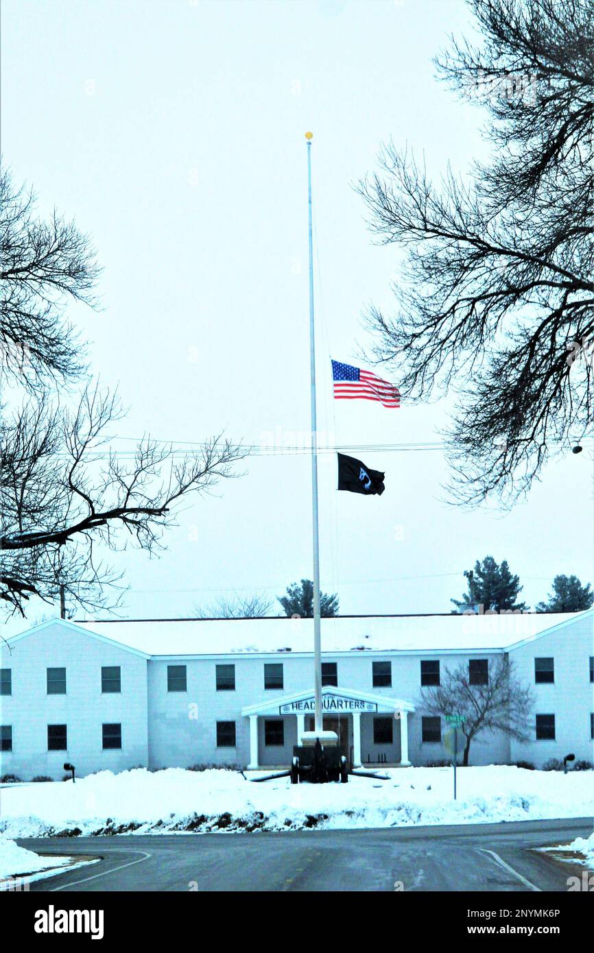 The United States flag flies at halfstaff Jan. 23, 2023, at Fort McCoy