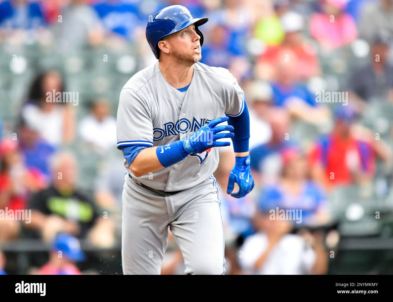 May 15, 2016: Toronto Blue Jays first baseman Justin Smoak #14 during an  MLB game between the Toronto Blue Jays and the Texas Rangers at Globe Life  Park in Arlington, TX Texas