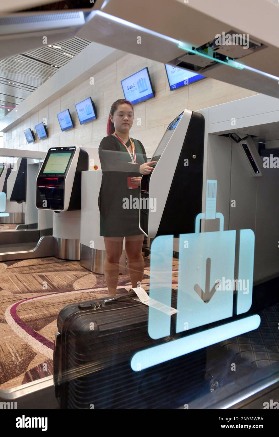 At the bagdrop machine, passenger proceeds to checkin their bag. A