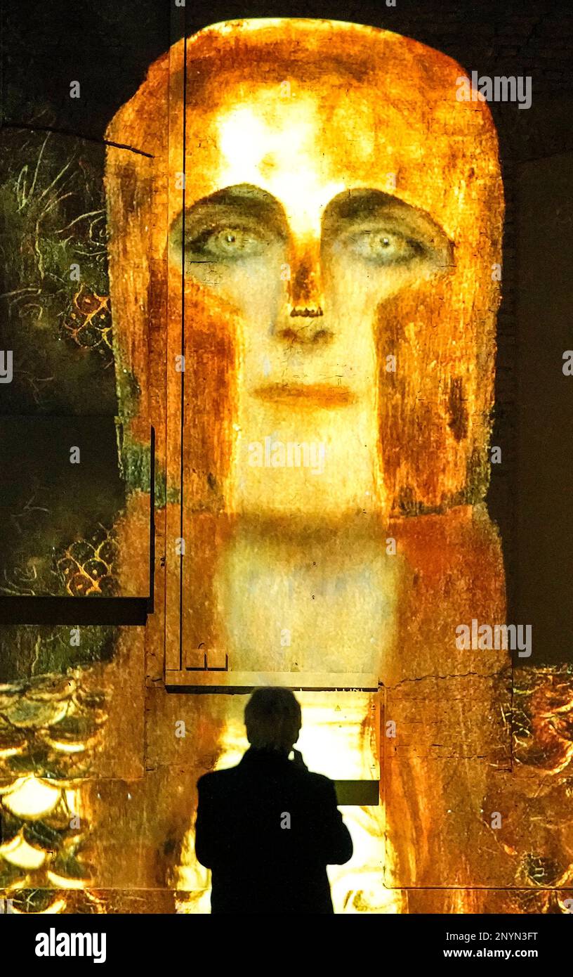 Visitors watch digital illuminated multimedia artworks by Austrian