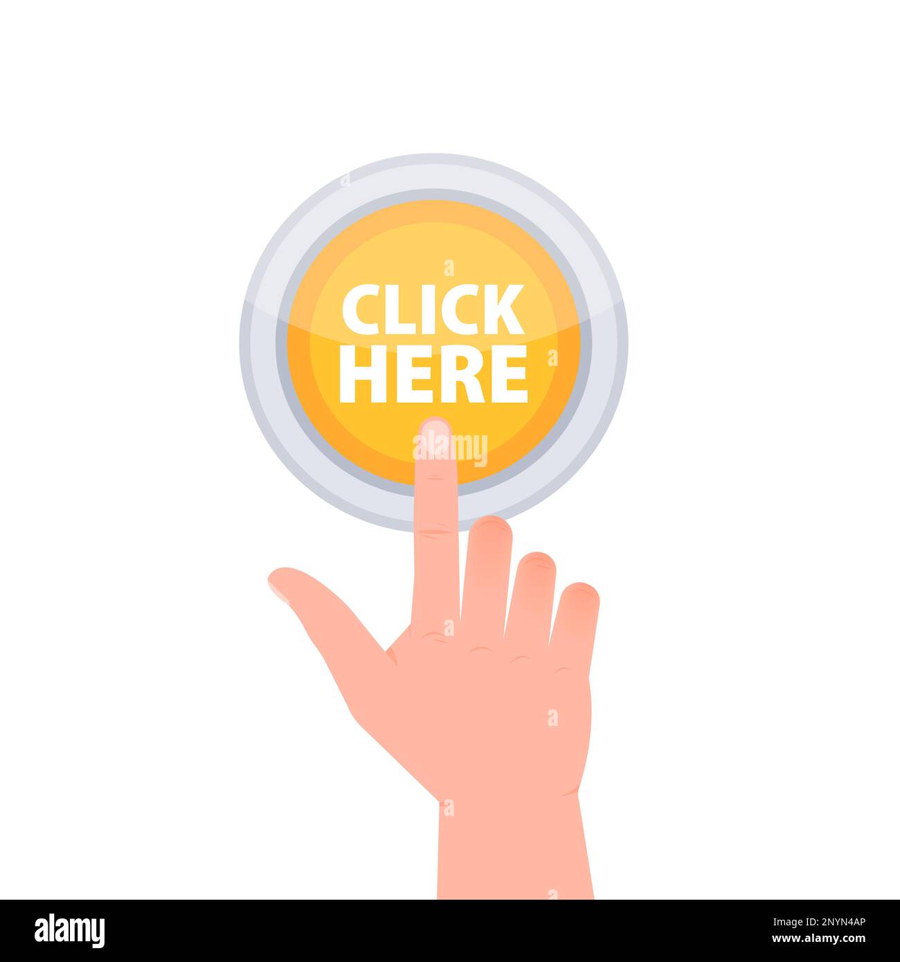 Red button with help text click here. Hand pressing click here button ...