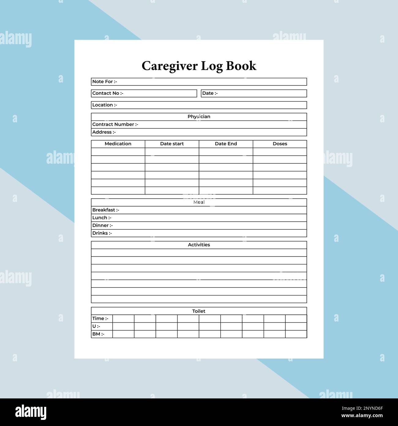 Caregiver notebook KDP interior. Physician information and patient meal